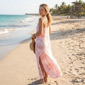 Aerie Pink Tie Dye Maxi Dress Strappy Back Side Slits Summer Boho Beachy XS